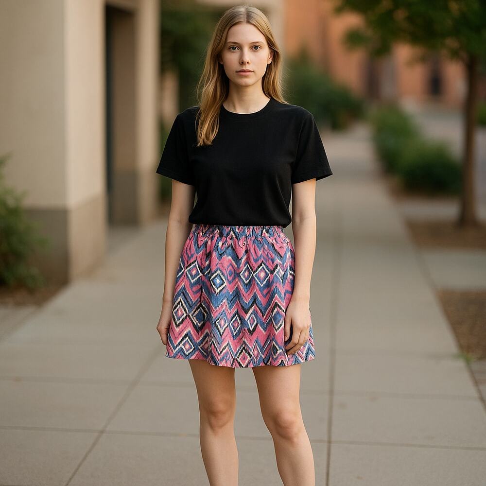 Peach Love Cream Salmon Blue Gray Print‎ Skirt S